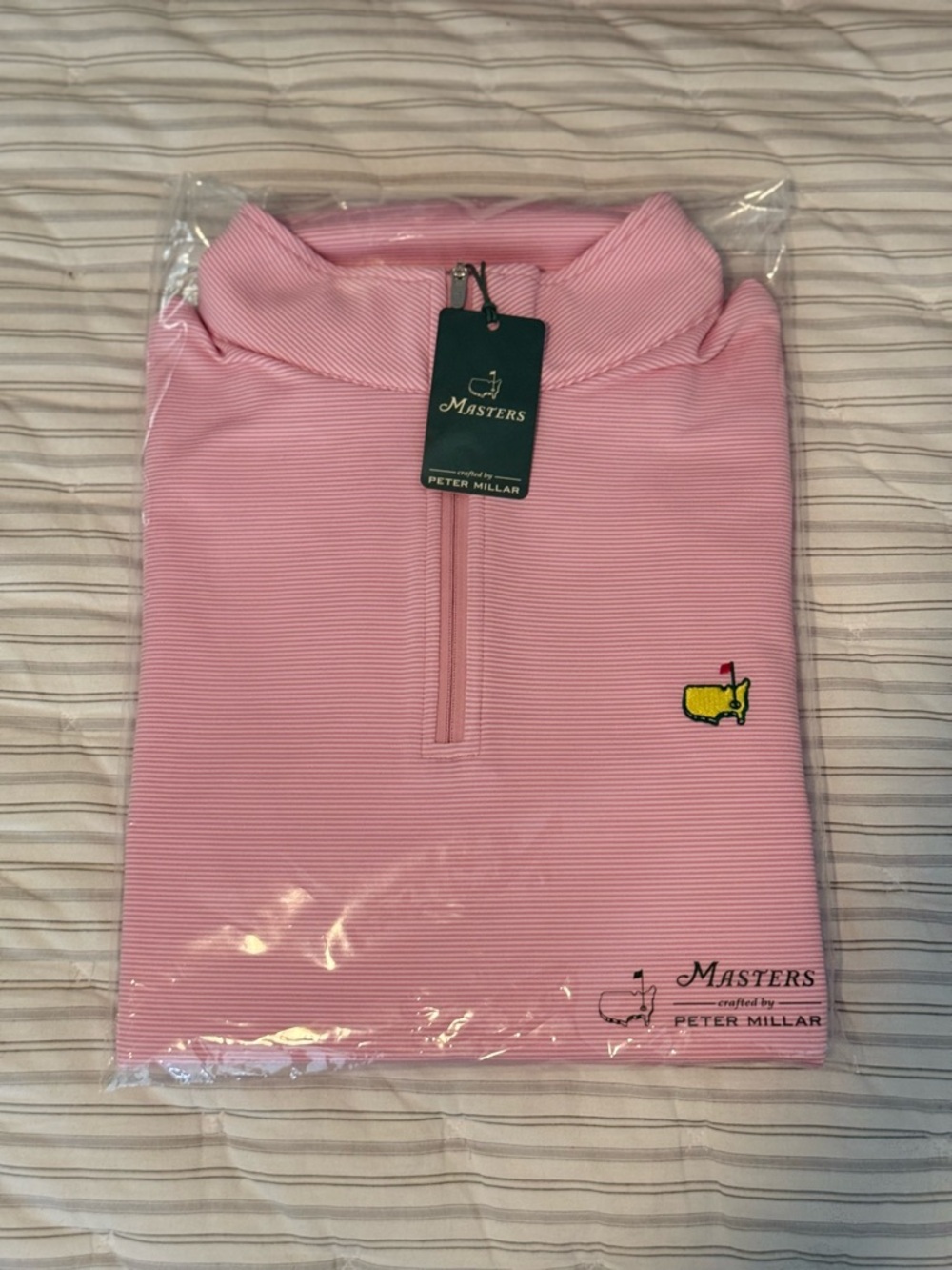 Peter Millar Pink Masters Quarter-Zip Sweater with Yellow Masters Logo